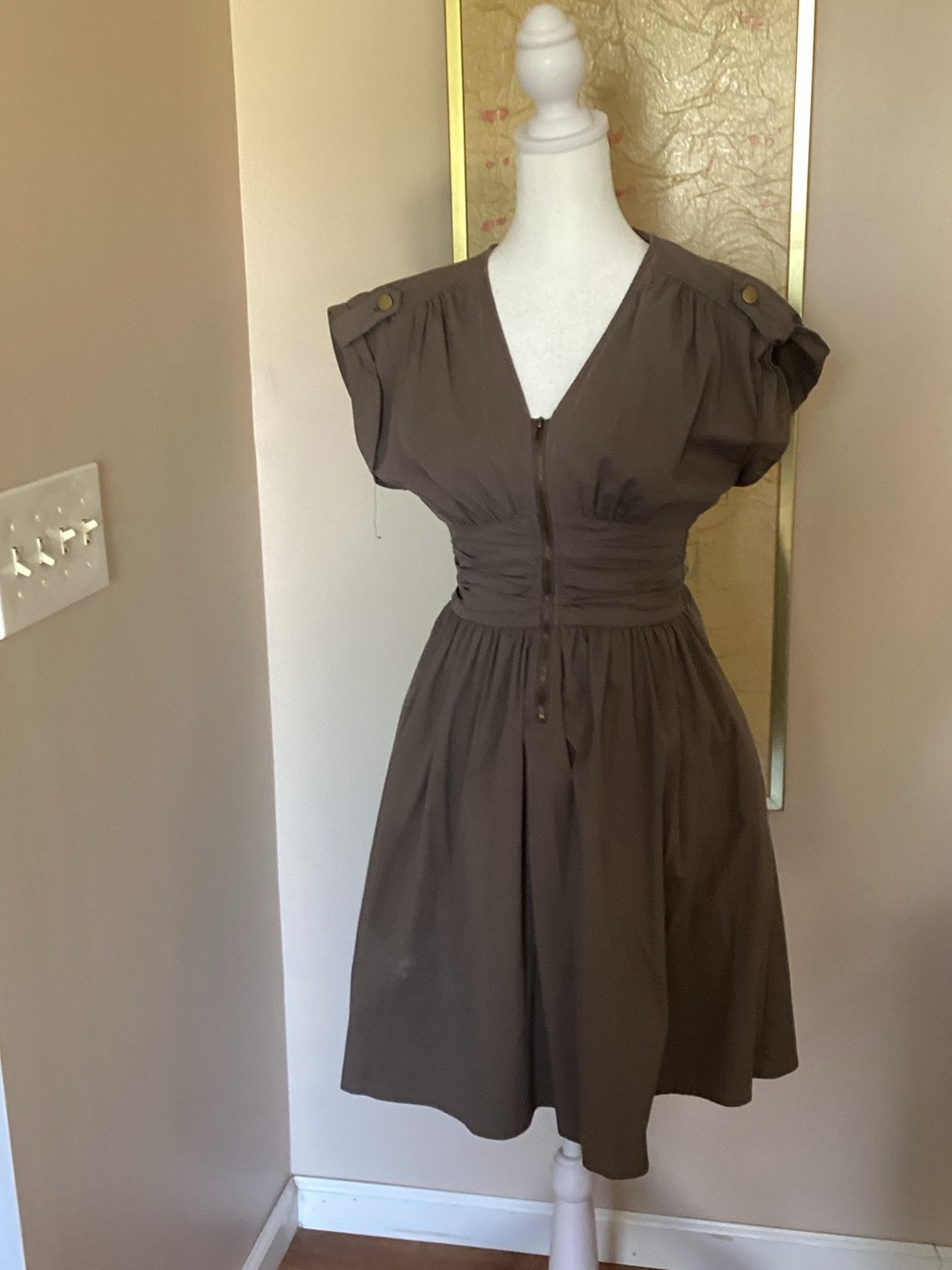 Bar III Brown V-Neck Fit-and-Flare Dress